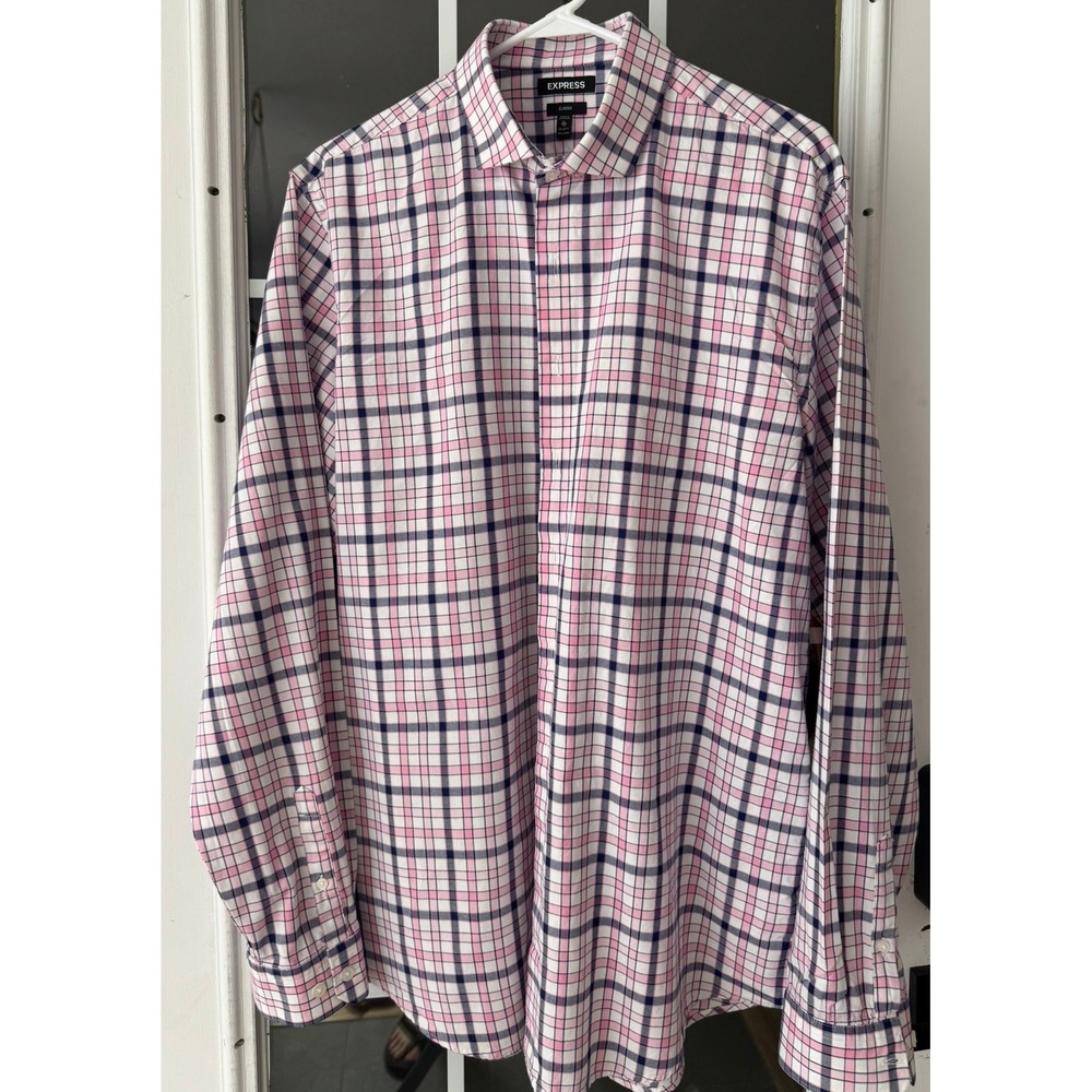 Express Classic Mens XL Tall Pink Navy Plaid Long Sleeve Button Up Shirt